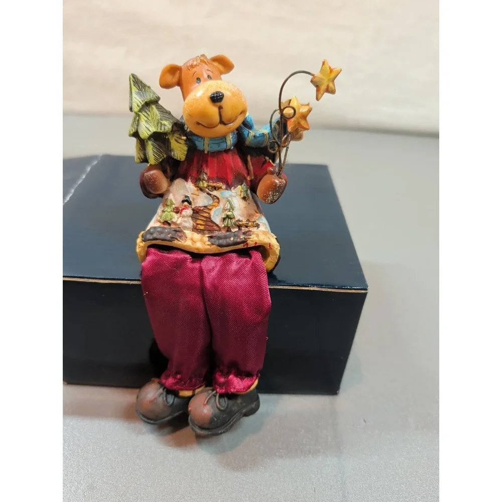 Vintage Christmas Dog Shelf Sitter Figurine Hand Painted Resin Winter Decor 7.5